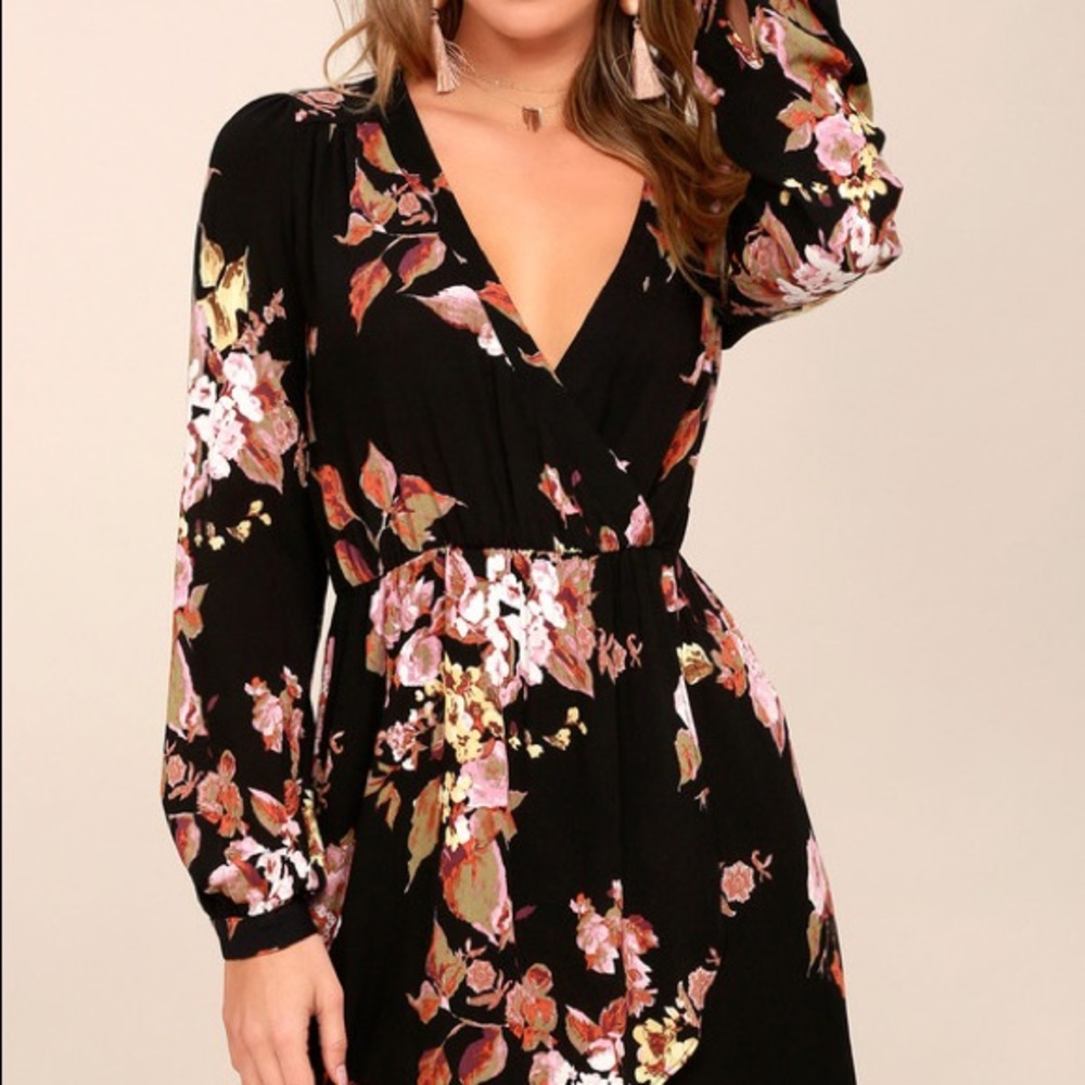 Lulus in bloom black floral wrap long sleeve dress